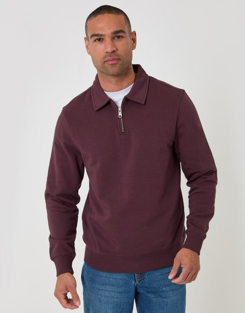 Threadbare Cotton Rich Quarter Zip Polo Sweatshirt in Plum - front view
