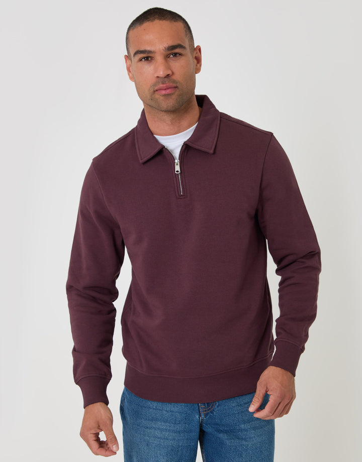 Threadbare Cotton Rich Quarter Zip Polo Sweatshirt in Plum - front view
