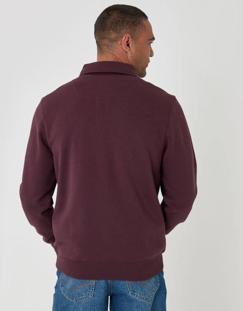 Threadbare Cotton Rich Quarter Zip Polo Sweatshirt in Plum - back view