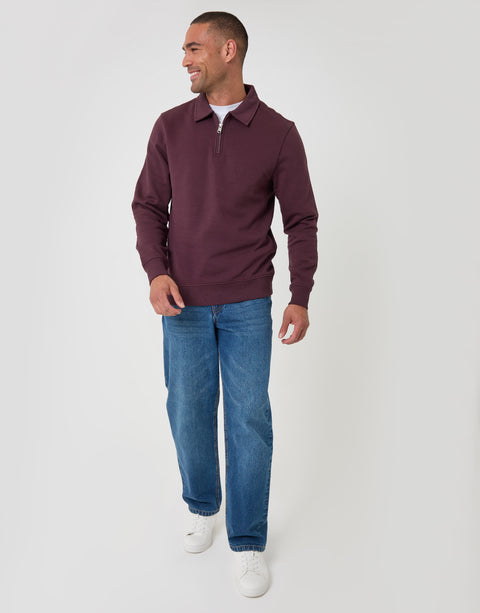 Threadbare Cotton Rich Quarter Zip Polo Sweatshirt in Plum - full body