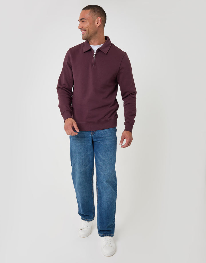 Threadbare Cotton Rich Quarter Zip Polo Sweatshirt in Plum - full body