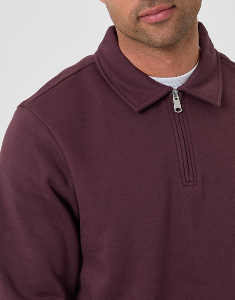 Threadbare Cotton Rich Quarter Zip Polo Sweatshirt in Plum - close up