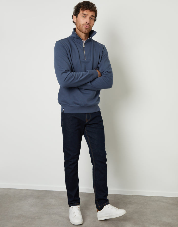 Denim Blue Quarter Zip Funnel Neck Sweatshirt