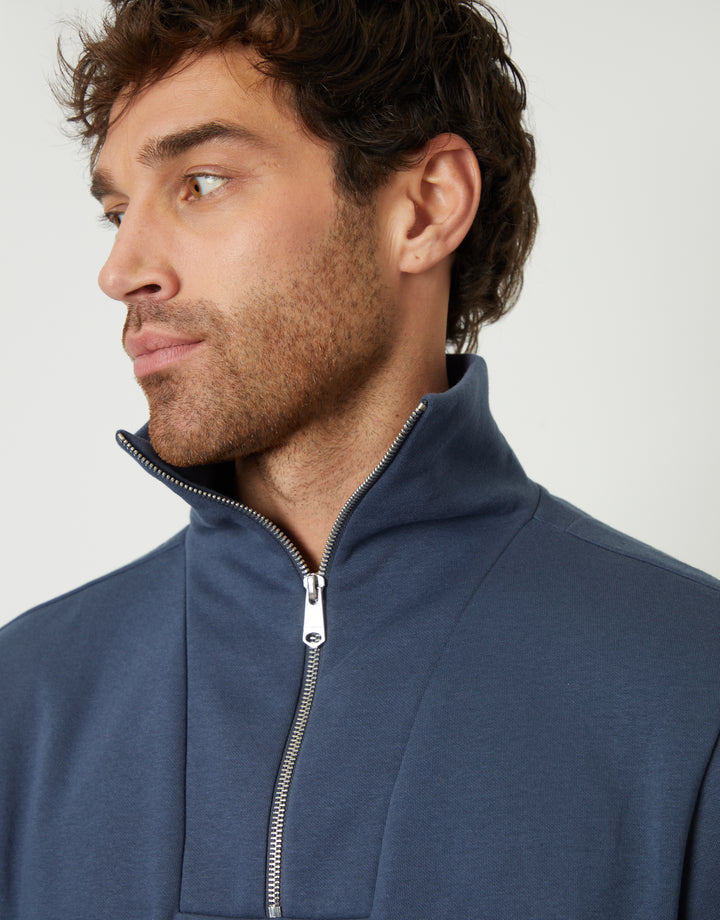 Denim Blue Quarter Zip Funnel Neck Sweatshirt