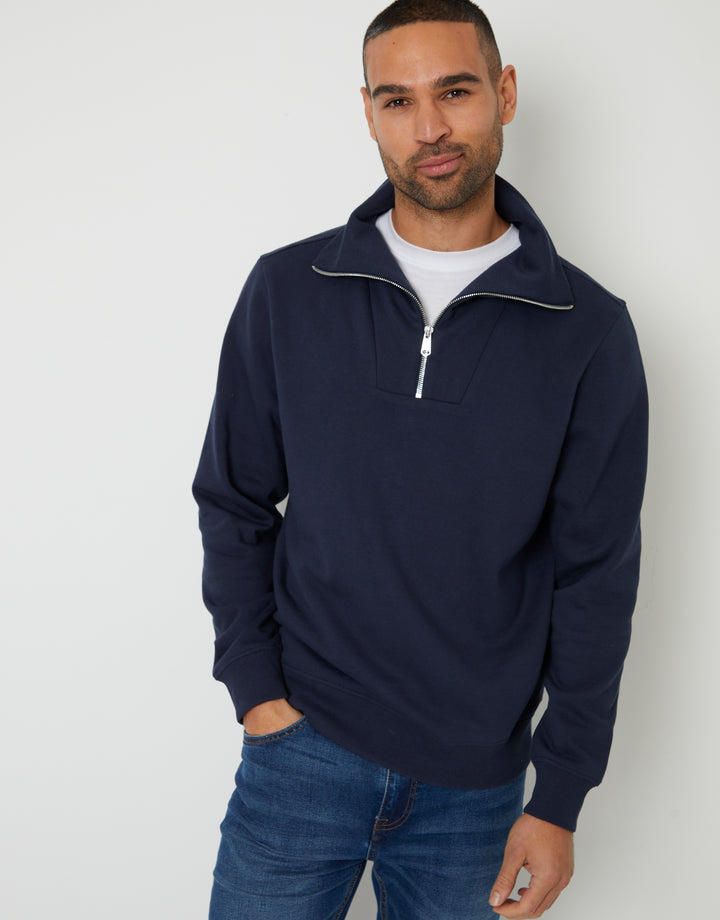 Navy Quarter Zip Funnel Neck Sweatshirt