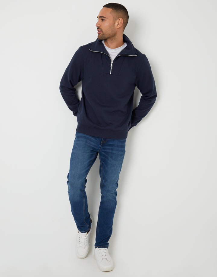 Navy Quarter Zip Funnel Neck Sweatshirt