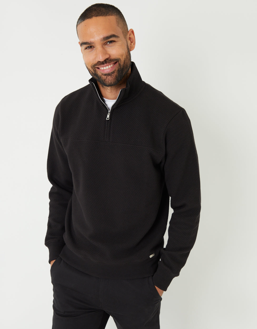 Black Textured Quarter Zip Sweatshirt