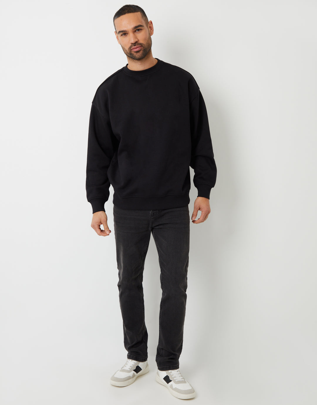 Black Relaxed Fit Crew Neck Sweatshirt
