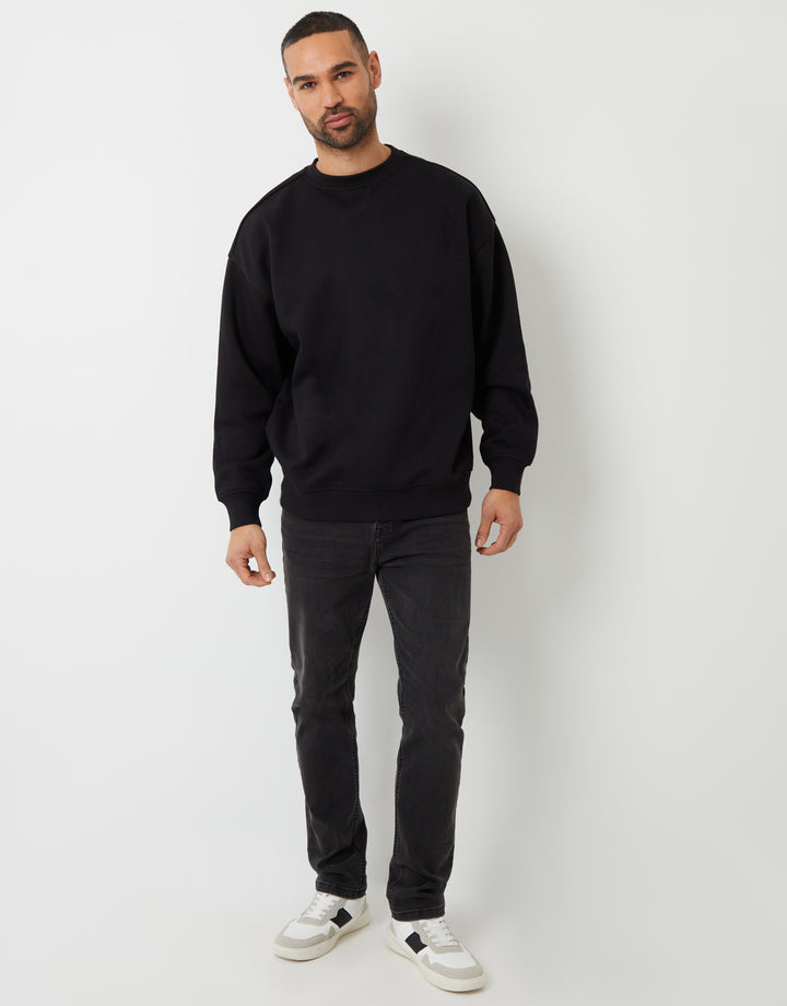 Black Relaxed Fit Crew Neck Sweatshirt