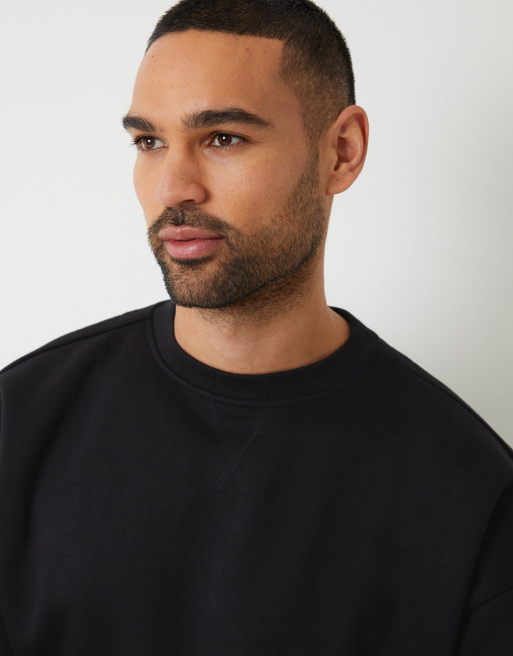 Black Relaxed Fit Crew Neck Sweatshirt