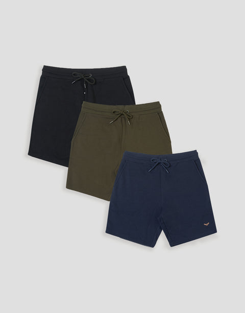 Threadbare 3 Pack Sweat Shorts in Black, Khaki Green & Navy - 3-pack flat lay