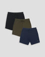 Threadbare 3 Pack Sweat Shorts in Black, Khaki Green & Navy - 3-pack flat lay