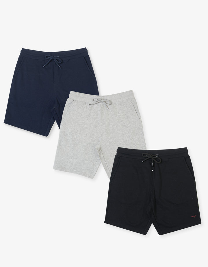 Threadbare 3 Pack Sweat Shorts in Navy, Grey & Black - 3-pack flat lay