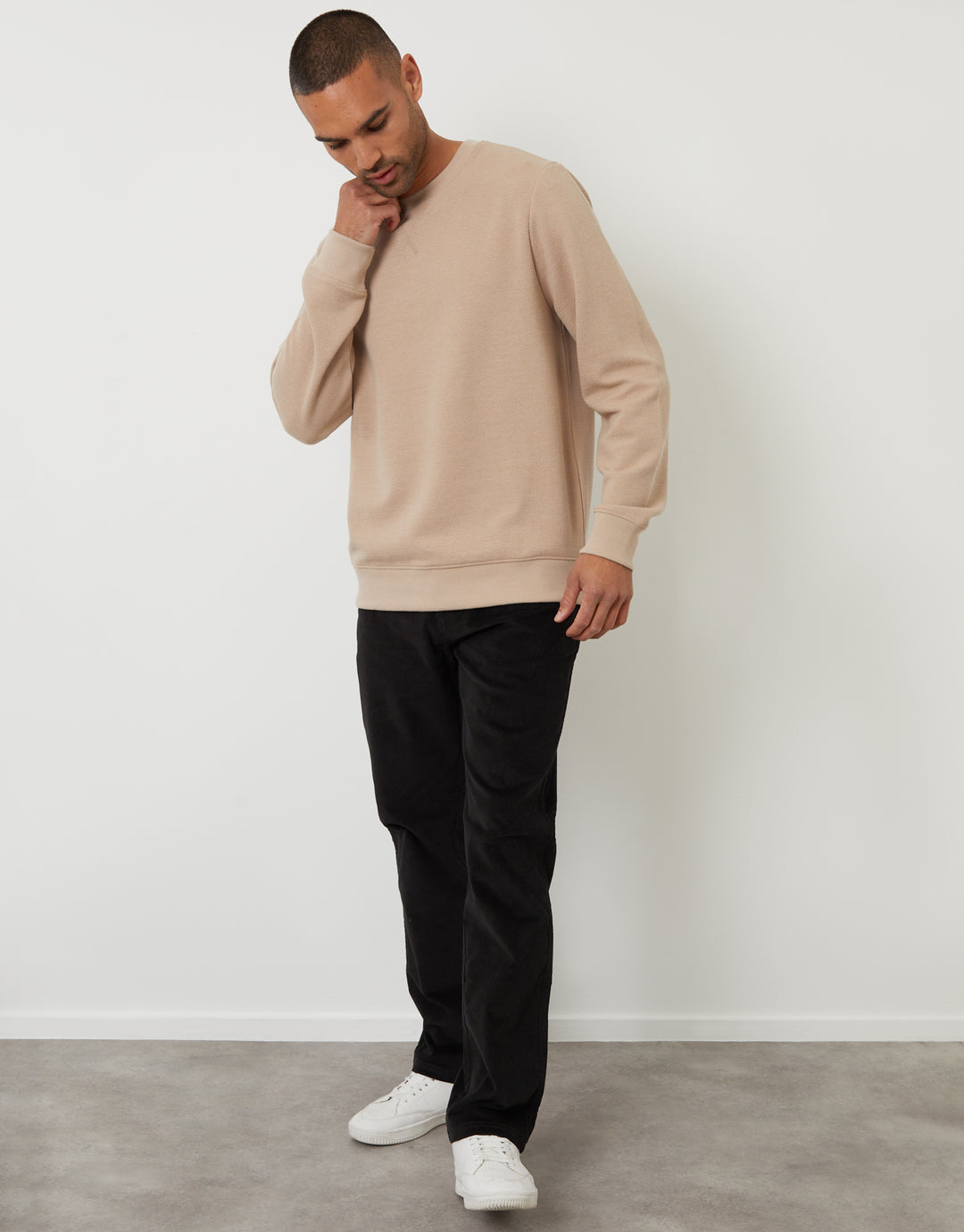 Textured Crew Neck Sweatshirt in Taupe