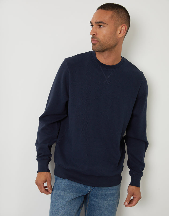 Textured Crew Neck Sweatshirt in Navy