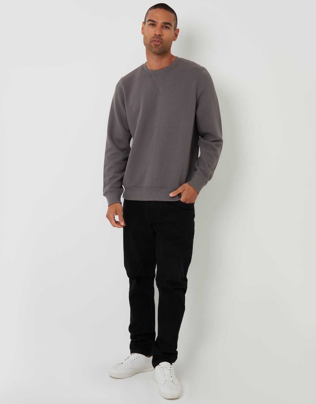 Slate Grey Relaxed Fit Rib Textured Crew Neck Sweatshirt