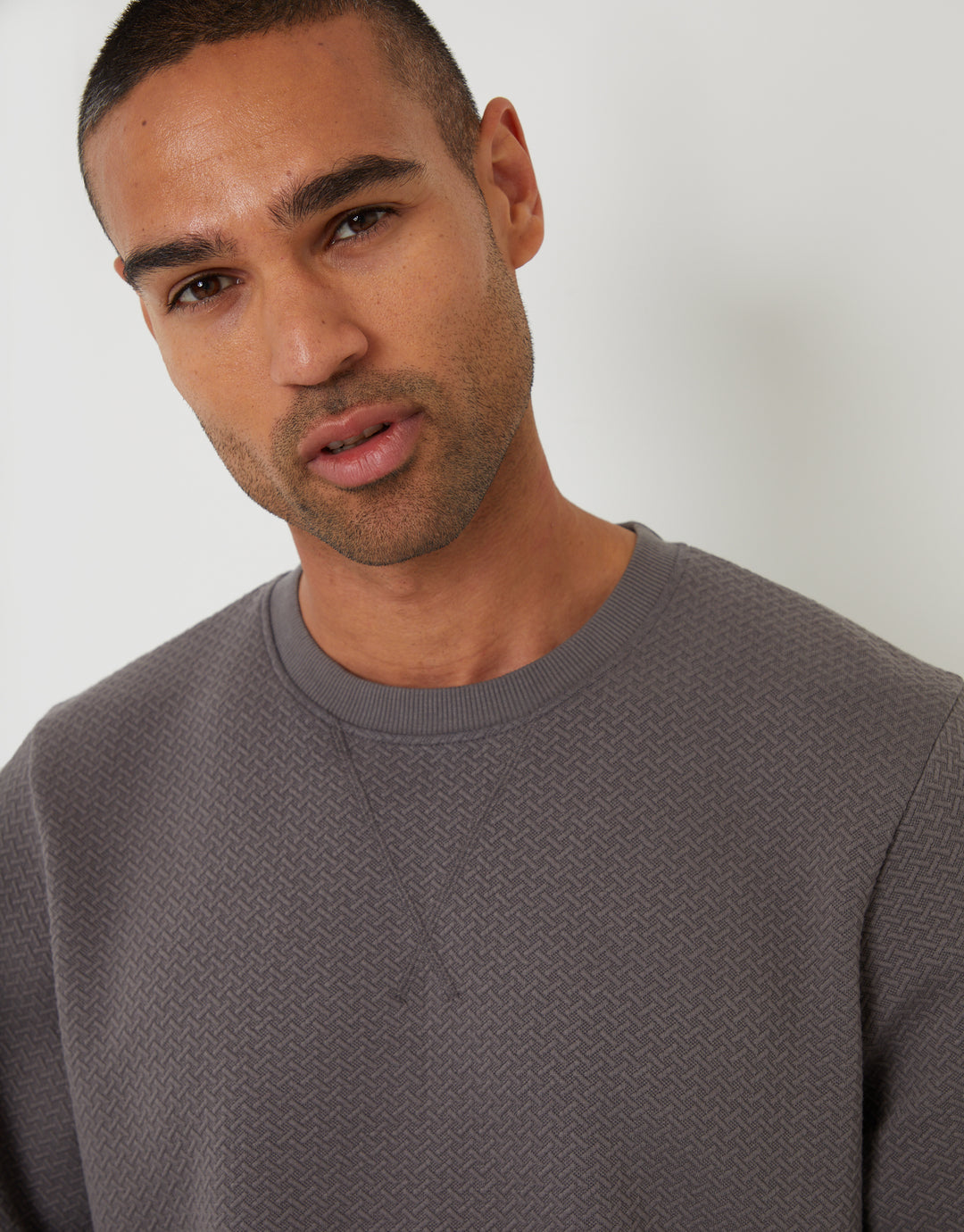 Slate Grey Relaxed Fit Rib Textured Crew Neck Sweatshirt