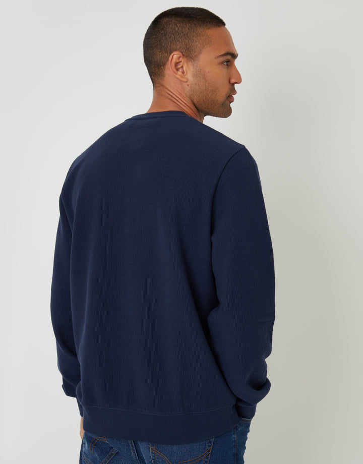 Navy Relaxed Fit Rib Textured Crew Neck Sweatshirt