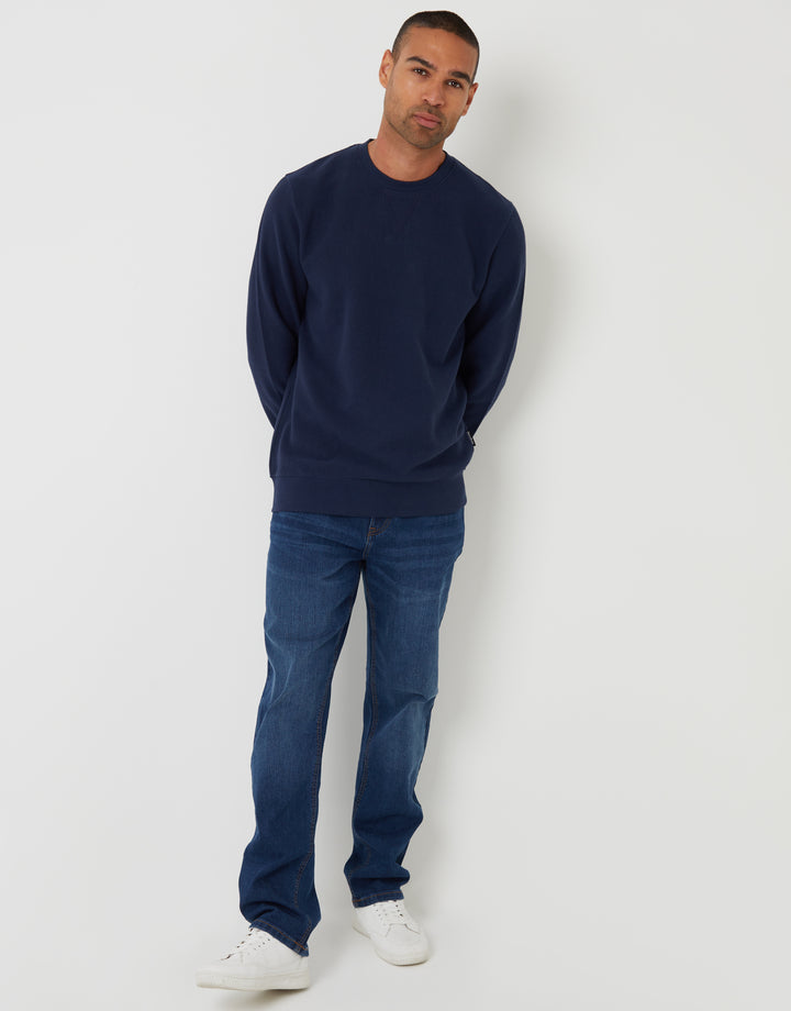 Navy Relaxed Fit Rib Textured Crew Neck Sweatshirt