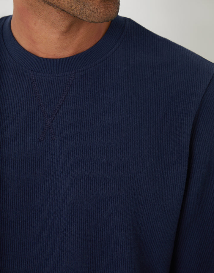 Navy Relaxed Fit Rib Textured Crew Neck Sweatshirt