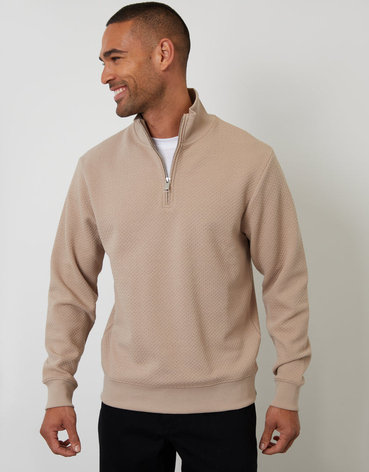 Taupe Textured Quarter Zip Sweatshirt