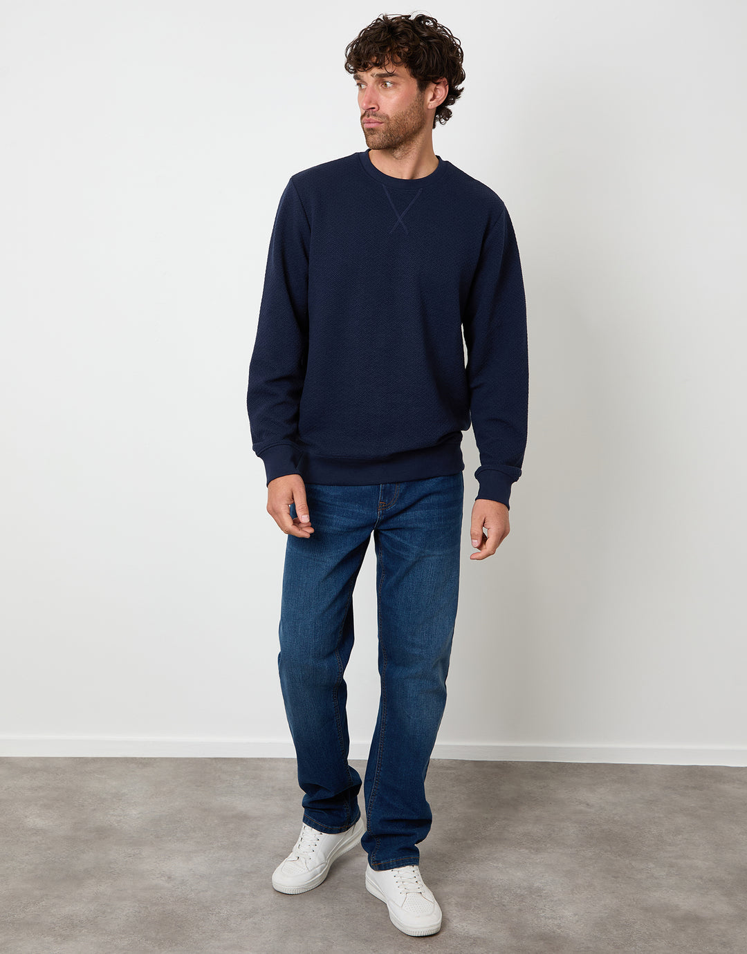 Navy Textured Crew Neck Sweatshirt