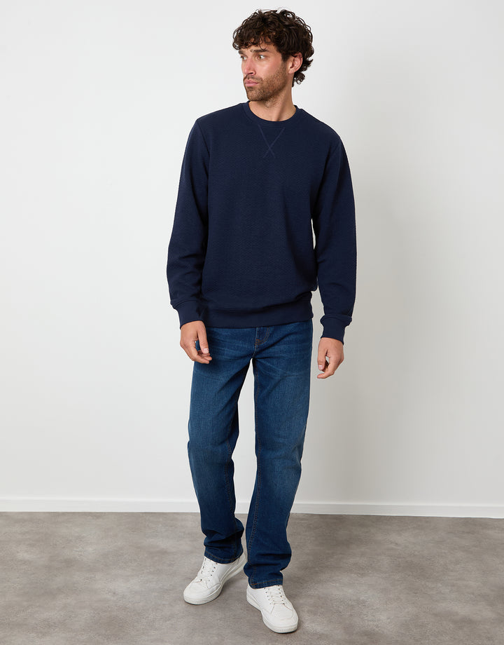 Navy Textured Crew Neck Sweatshirt