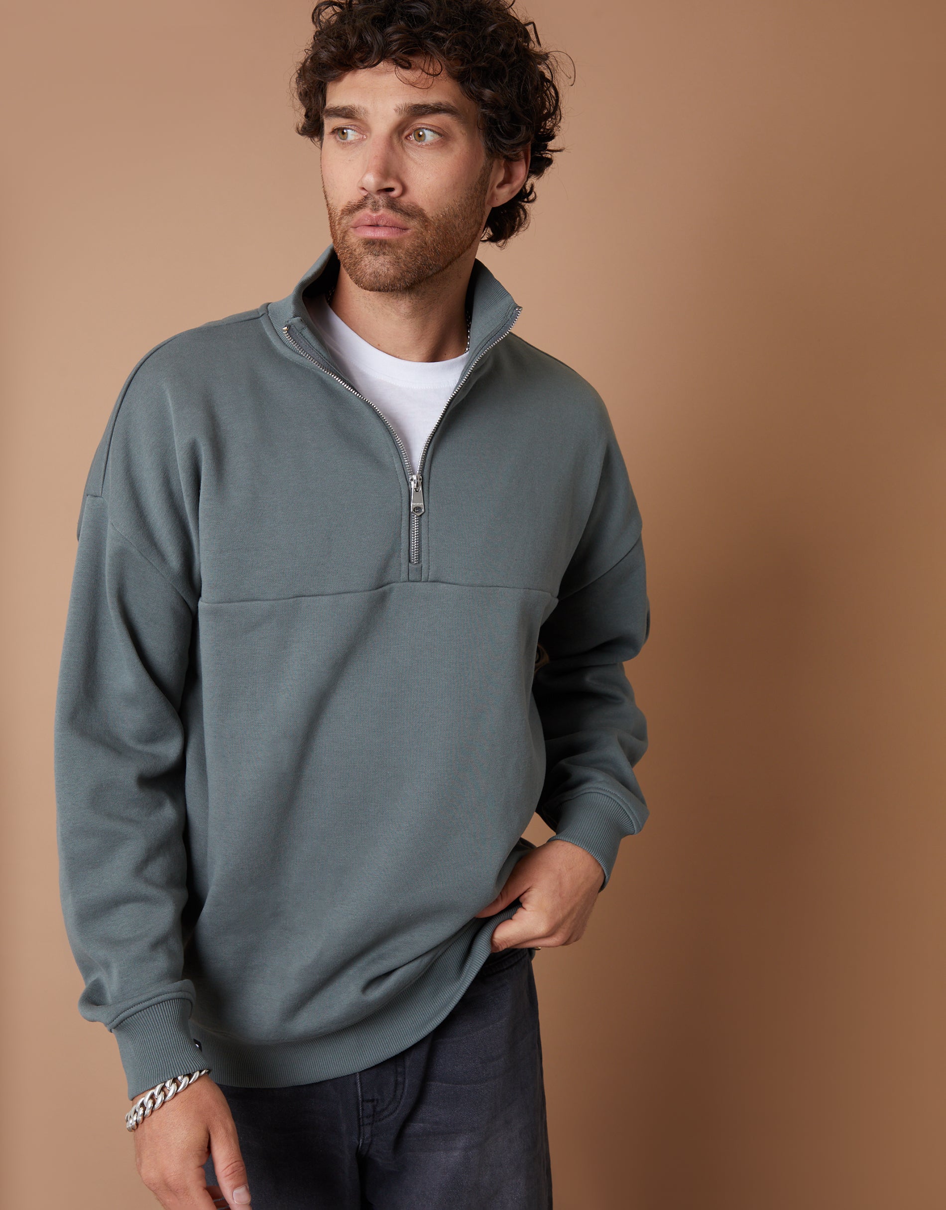 Threadbare Men's Petrol Blue Relaxed Fit Half Zip Sweatshirt