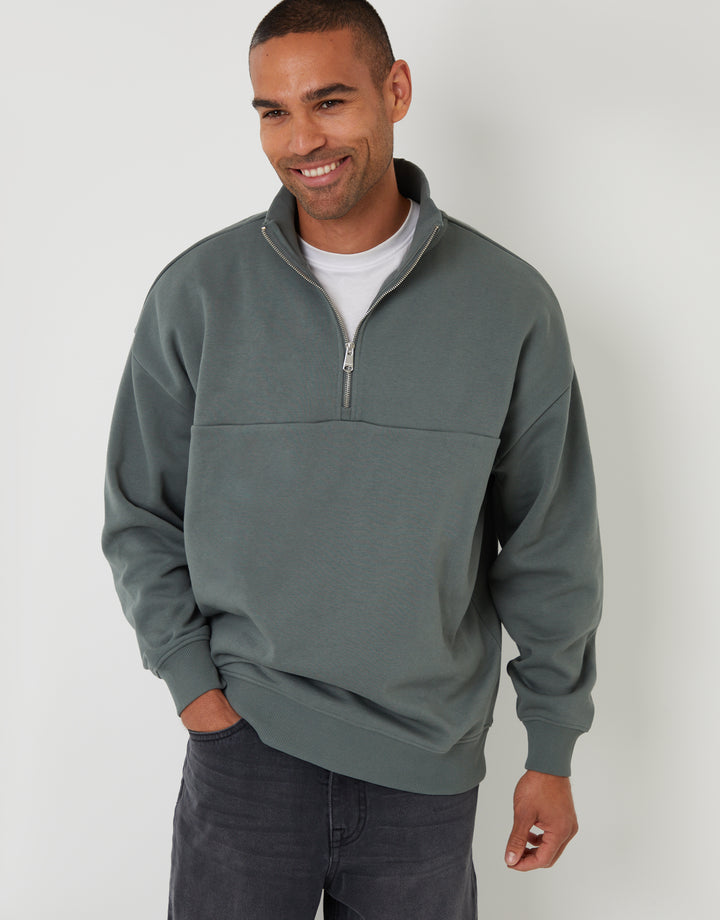 Threadbare Relaxed Fit Half Zip Sweatshirt in Petrol Blue - front view