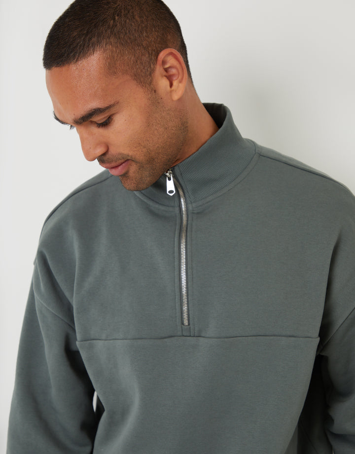 Threadbare Relaxed Fit Half Zip Sweatshirt in Petrol Blue - front view close up