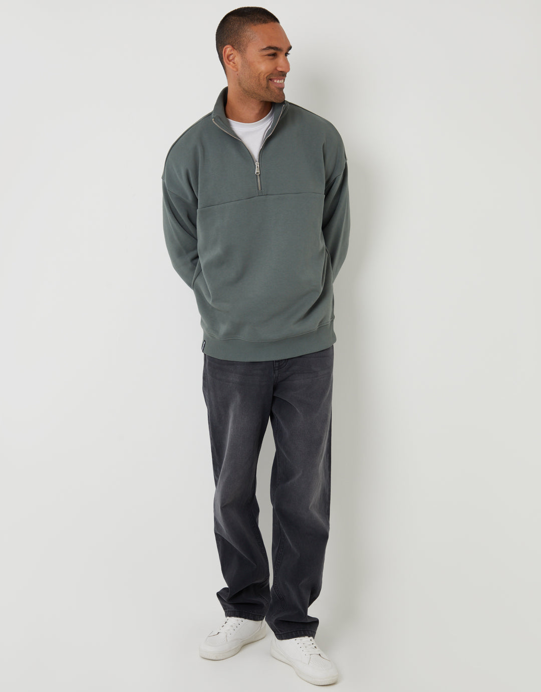 Threadbare Relaxed Fit Half Zip Sweatshirt in Petrol Blue - full body