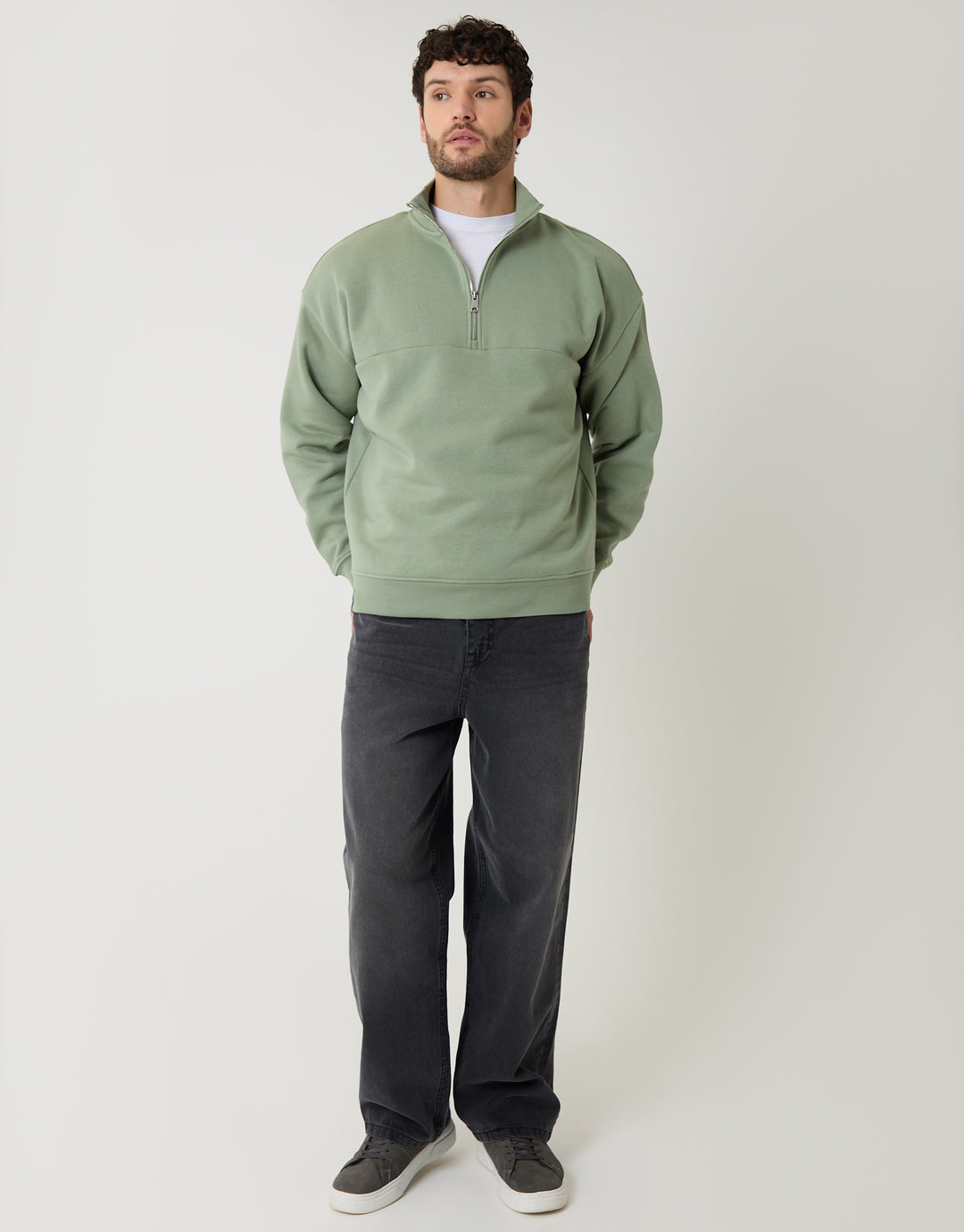 Green Relaxed Fit Half Zip Sweatshirt