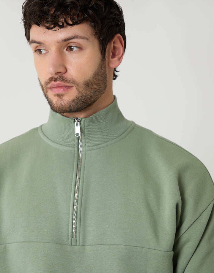 Green Relaxed Fit Half Zip Sweatshirt