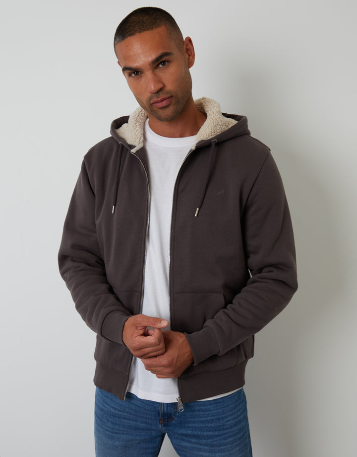 Slate Grey Borg Lined Zip-Through Hoodie