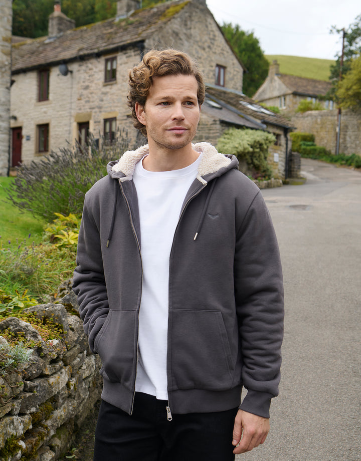 Slate Grey Borg Lined Zip-Through Hoodie