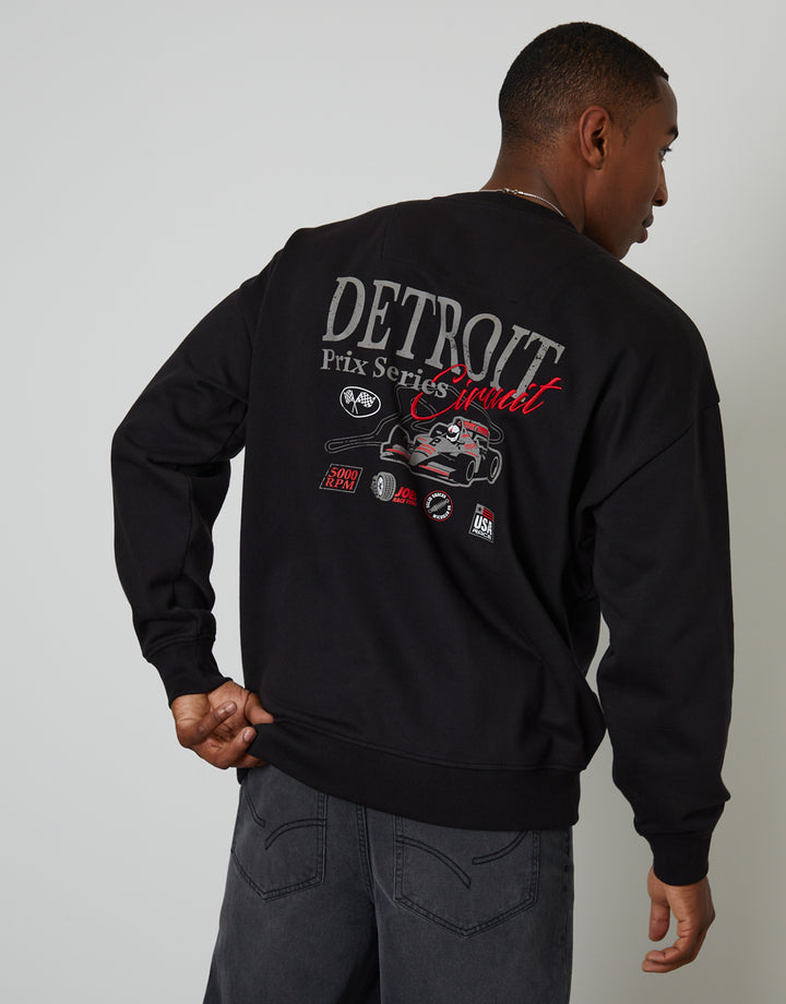 Black Relaxed Fit Graphic Print Crew Neck Sweatshirt