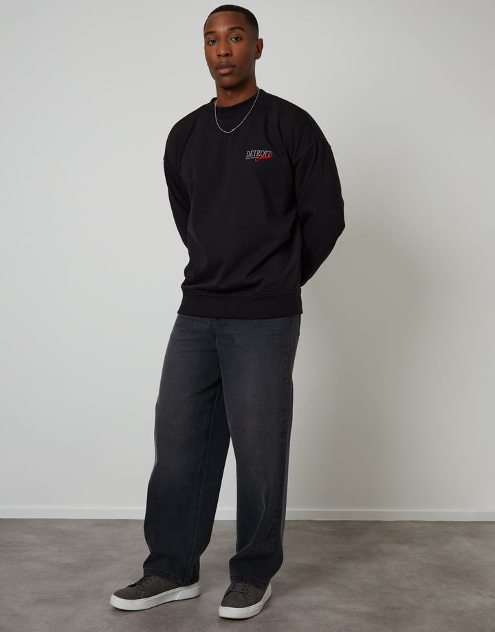 Black Relaxed Fit Graphic Print Crew Neck Sweatshirt