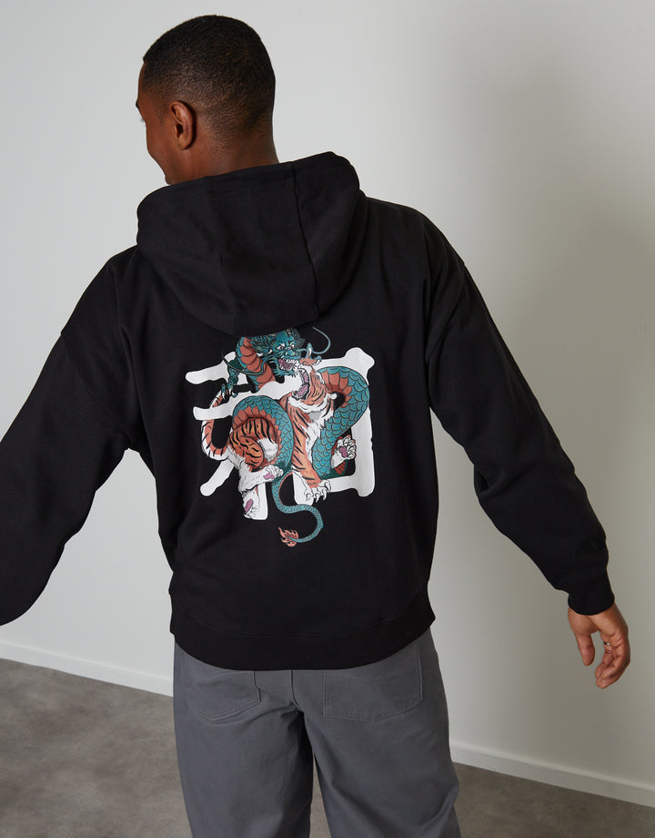 Black Relaxed Fit Graphic Print Hoodie