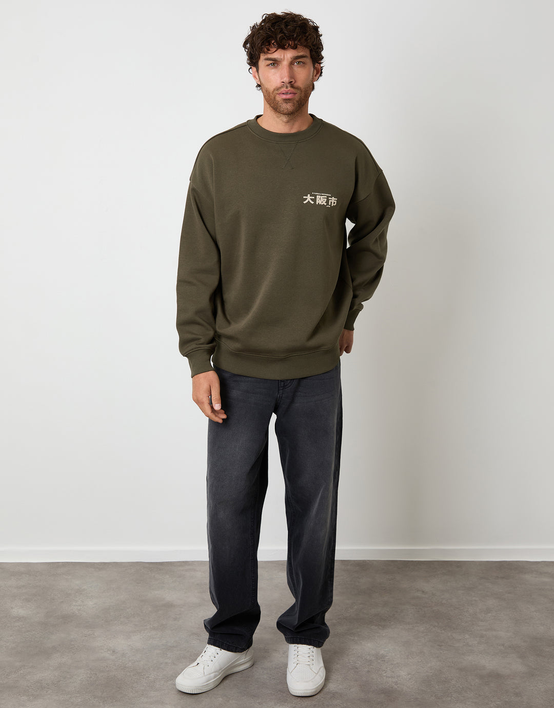 Dark Khaki Green Relaxed Fit Graphic Print Crew Neck Sweatshirt