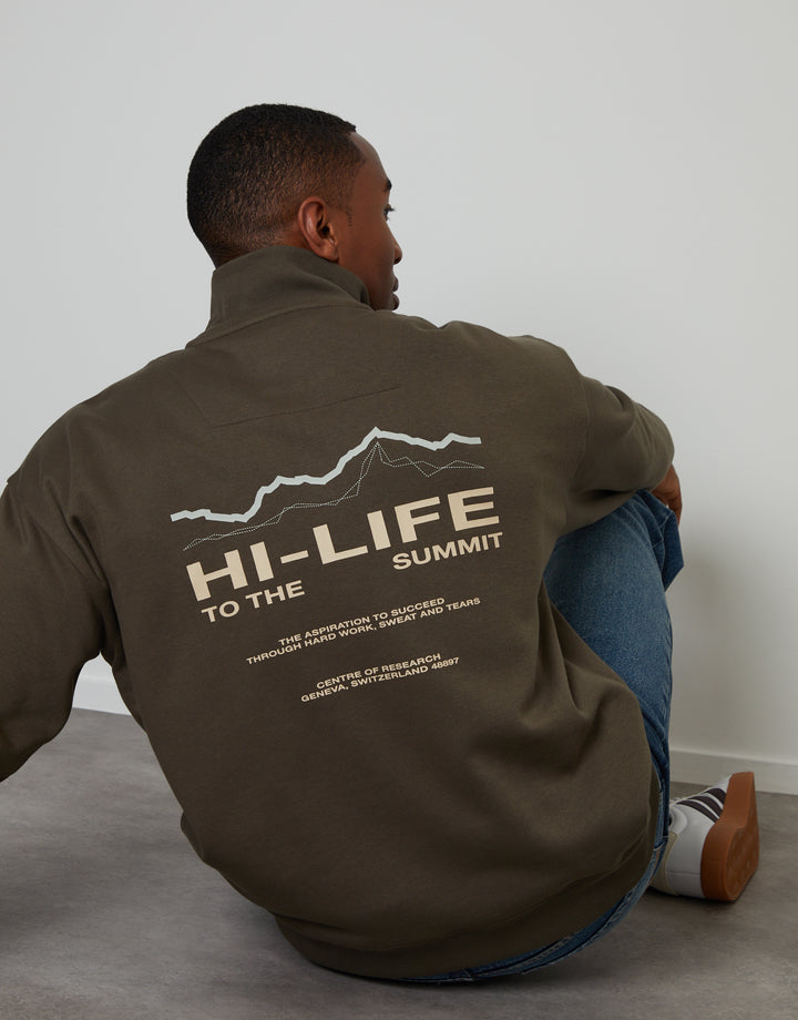 Dark Khaki Green Relaxed Fit Graphic Print Quarter Zip Sweatshirt