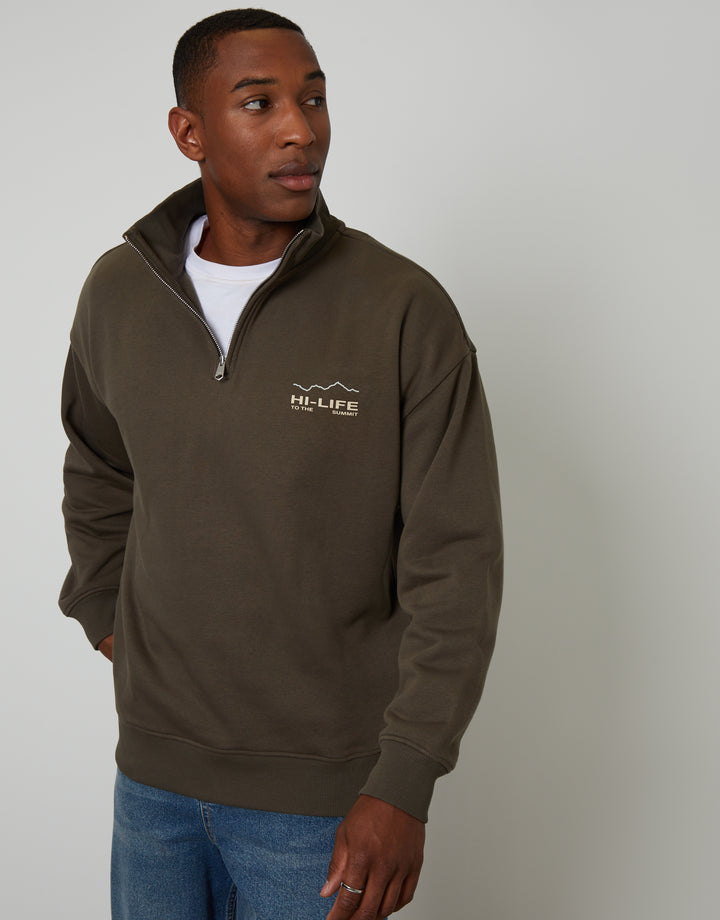 Dark Khaki Green Relaxed Fit Graphic Print Quarter Zip Sweatshirt
