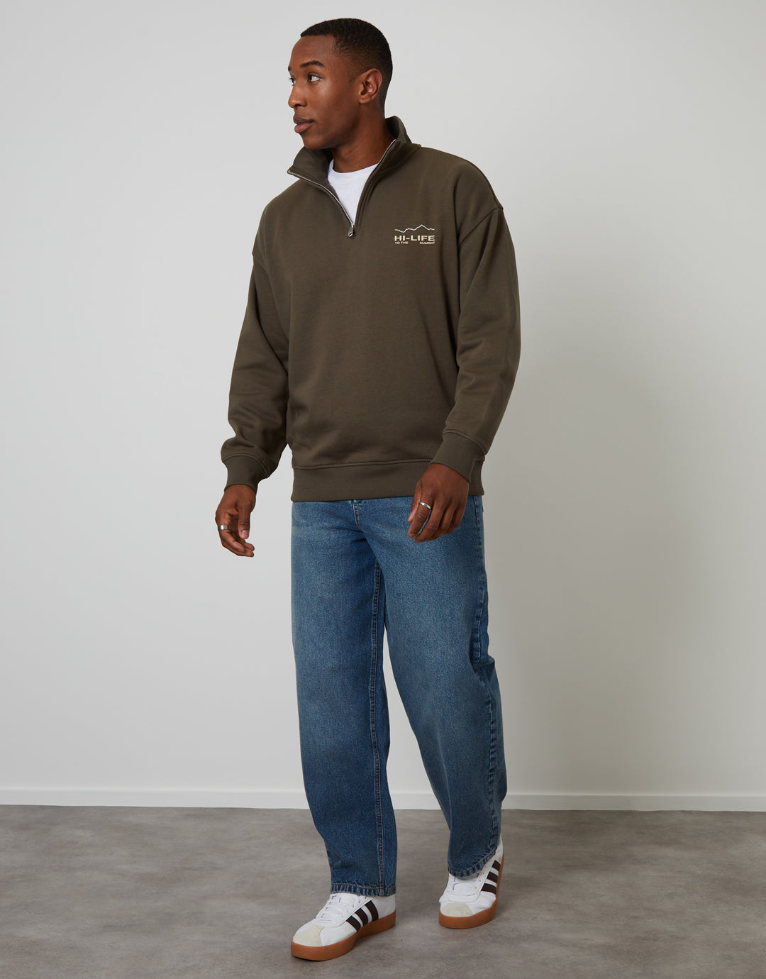 Dark Khaki Green Relaxed Fit Graphic Print Quarter Zip Sweatshirt