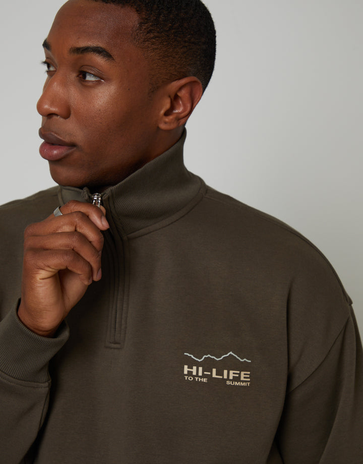 Dark Khaki Green Relaxed Fit Graphic Print Quarter Zip Sweatshirt