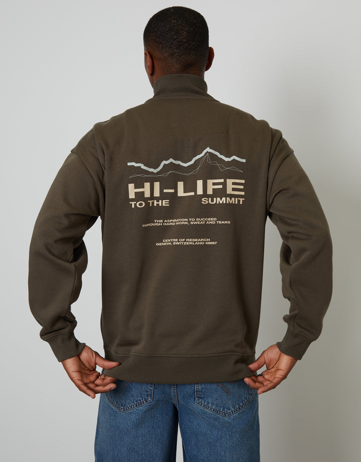Dark Khaki Green Relaxed Fit Graphic Print Quarter Zip Sweatshirt