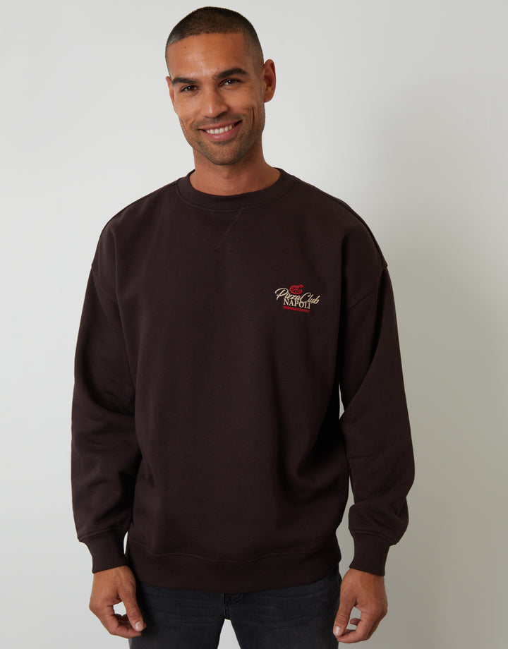 Chocolate Brown Relaxed Fit Graphic Print Crew Neck Sweatshirt
