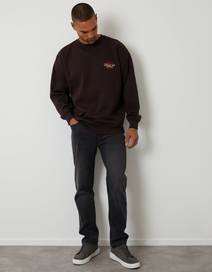 Chocolate Brown Relaxed Fit Graphic Print Crew Neck Sweatshirt