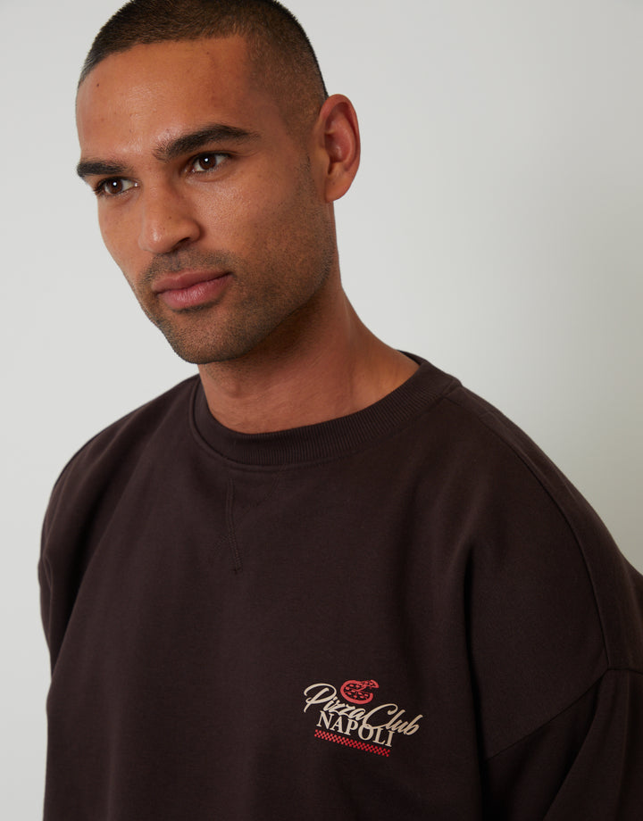 Chocolate Brown Relaxed Fit Graphic Print Crew Neck Sweatshirt