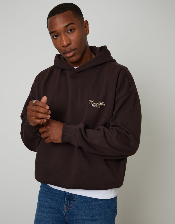 Chocolate Brown Relaxed Fit Graphic Print Hoodie