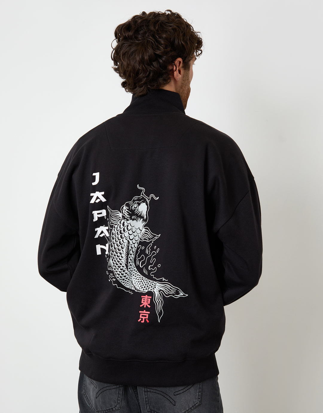 Black Relaxed Fit Graphic Print Quarter Zip Sweatshirt