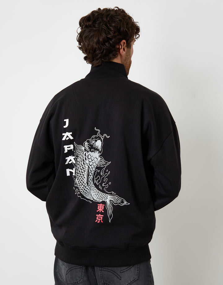 Black Relaxed Fit Graphic Print Quarter Zip Sweatshirt